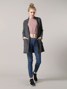 Chic manteau femme en polyester gris foncé unicolore avec poches ouverture avant respirant col à rev