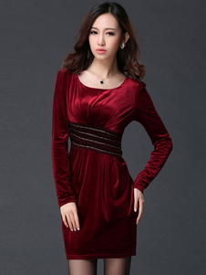 Fascinante robe bodycon en velours de soie col rond unicolore plissé moulant