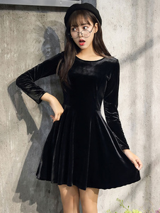 Magnétique robe skater casual en velours de soie noir unicolore moulant plissé col rond