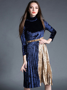 Fabuleuse robe skater mode en velours de soie bleu bicolore plissé plissé col montant