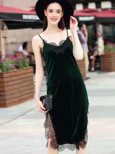 Fabuleuse robe droite mode en velours de soie unicolore fendu avec dentelle à bretelles