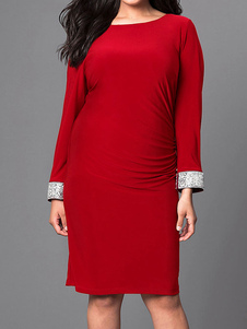 Belle robe droite casual en coton rouge unicolore à dos décolleté plissé col rond