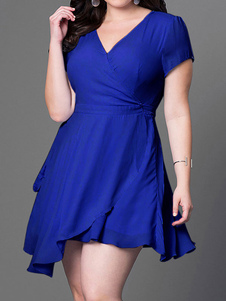 Fascinante robe skater casual en coton mélangé unicolore surdimensionné multicouche col V