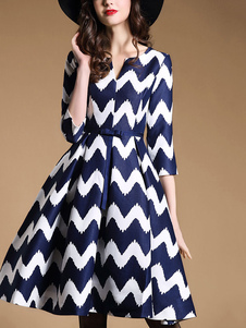 Fabuleuse robe skater casual en lycra spandex bleu foncé à zigzags moulant et noeud col V