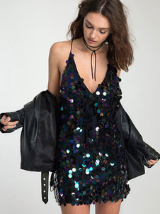 Robe bodycon avec paillettes noir à bretelles unicolore avec paillettes à dos décolleté