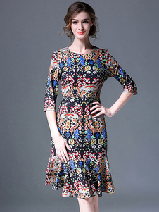 Charmante robe bodycon en coton mélangé noir col rond impression plissé d'animal