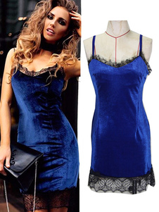 Robe bodycon en velours de soie bleu royal à bretelles unicolore avec dentelle à demi-transparence