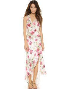 Robe longue blanc en polyester imprimé fleuri coupe asymétrique fendu col V