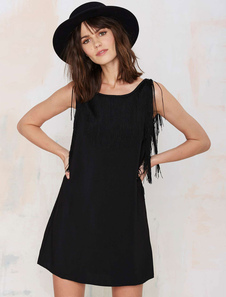 Charmante robe droite mode en polyester noir unicolore avec frange col rond