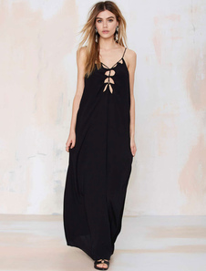 Robe longue noir en coton unicolore creusé col V