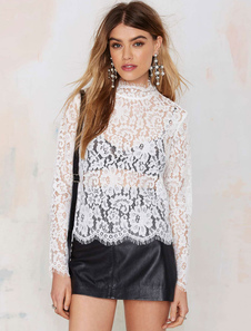 Blouse femme mode en dentelle blanc avec dentelle et dentelle transparent