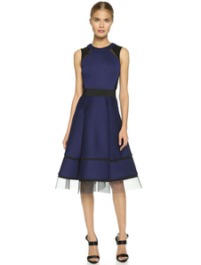 Magnifique robe skater mode en polyester bleu unicolore col rond