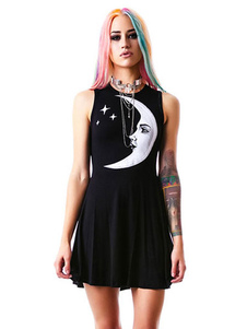 Fascinante robe skater casual en coton noir impression col rond