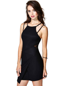 Éblouissante mini robe en polyester noir unicolore à dos décolleté col rond