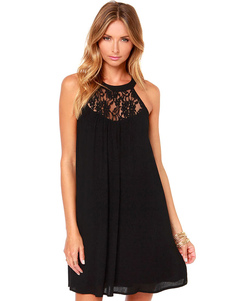 Fantastique robe droite mode en polyester noir unicolore avec dentelle col rond