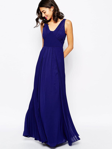 Robe longue bleu foncé en chiffon unicolore col V