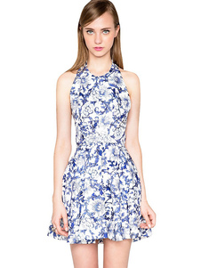 Séduisante robe skater mode en polyester bleu impression à dos décolleté col rond