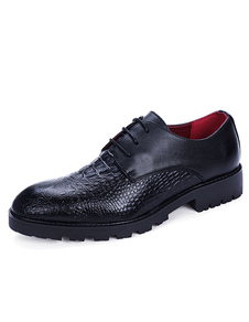 Chaussures robe noire ronde Toe Crocodile Lace Up chaussures plates