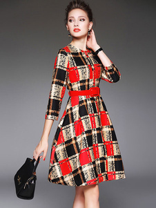 Belle robe skater mode en polyester rouge écossais vêtements journaliers imprimé fleuri col rond