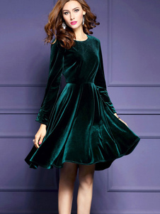 Fascinante robe skater mode en velours vert foncé unicolore vêtements journaliers plissé col rond