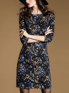Fascinante robe bodycon en spandex noir col rond imprimé fleuri imprimé fleuri vêtements journaliers