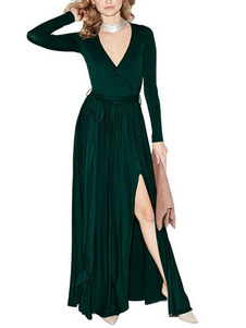 Robe longue en spandex unicolore vêtements journaliers fendu col V