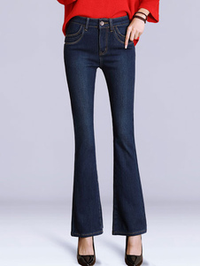 Populaire jean féminin flare en denim unicolore à taille naturelle avec poches