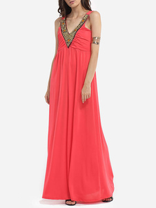 Robe longue Orange rouge en polyester unicolore clouté col V