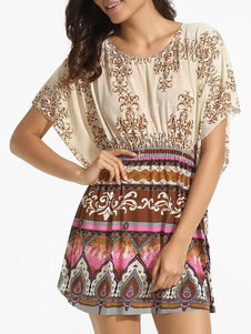 Robe d'été abricote en chiffon impression avec plissement col rond