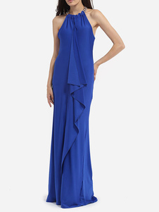 Robe longue bleu en polyester unicolore multicouche plissé col rond