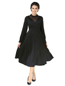 Élégente robe skater mode en spandex noir unicolore convenable avec plissement col rond