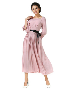 Robe longue rose clair en chiffon unicolore plissé avec lacets col rond