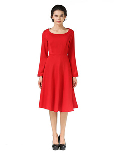 Belle robe skater mode en chiffon rouge unicolore creusé col rond