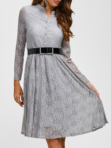 Attrayante robe skater mode en dentelle gris unicolore convenable creusé col montant