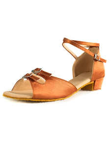 Adorables chaussures de latine en satin à talons chiots ruban aux chevilles unicolore et bout ouvert