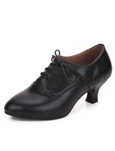 Populaires chaussures de latine en peau de vache à petits talons et lacets unicolore et bout amande