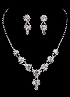 Bijoux de mariée Set strass argent nuptiale Drop boucles d’oreilles avec pendentif