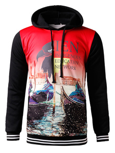 Imprimé cordon rouge manches longues Casual Hooded Sweatshirt de Pullover Hoodie hommes