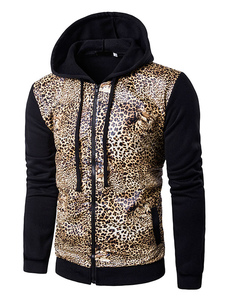 Black Hooded Sweatshirt léopard manches longues impression Drawstring fermeture éclair Sweatshirt co