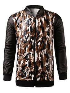 Veste de Moto marron Camo Stand col manches longues PU cuir veste courte