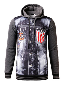 Imprimé Hoodies Drawstring manches longues Patchwork Veste Blouson Denim Jacket hommes
