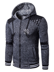 Hommes de Hooded Sweatshirt gris profond manches longues Zip cordon de serrage en coton Sweatshirt