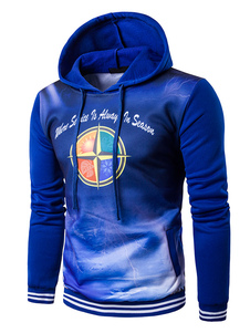 Drawstring imprimé manches longues Casual Hooded Sweatshirt pull bleu à capuche masculin