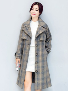 Brassard gris bracelet hiver Long manteau Trench-Coat plaid féminines avec ceinture