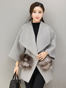 Collier surdimensionné pelisse ceinturé poche de laine gris manteau féminin