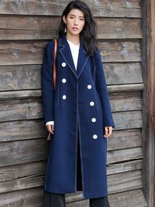 Long Caban femme Double Breasted retour à fente manteau marine foncé