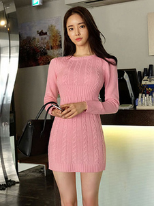 Chandail rose robe doux col rond manches longues Slim Fit tricot robe courte