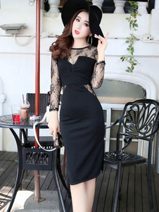 Dentelle Illusion manches longues Semi pur genou longueur robe robe noire féminine de Bodycon