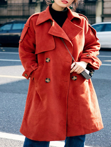 Chic manteau femme en tweed orange foncé unicolore avec lacets surdimensionné col à revers