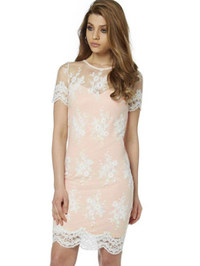 Dentelle des femmes Robe col rond manches courtes semi Sheer Slim Fit Bodycon Dress